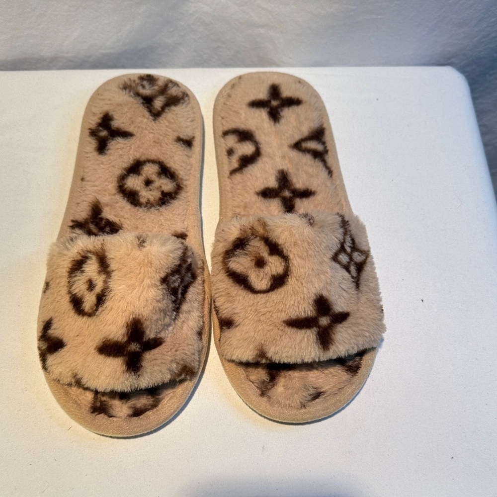 Beige and Brown Fuzzy Slides